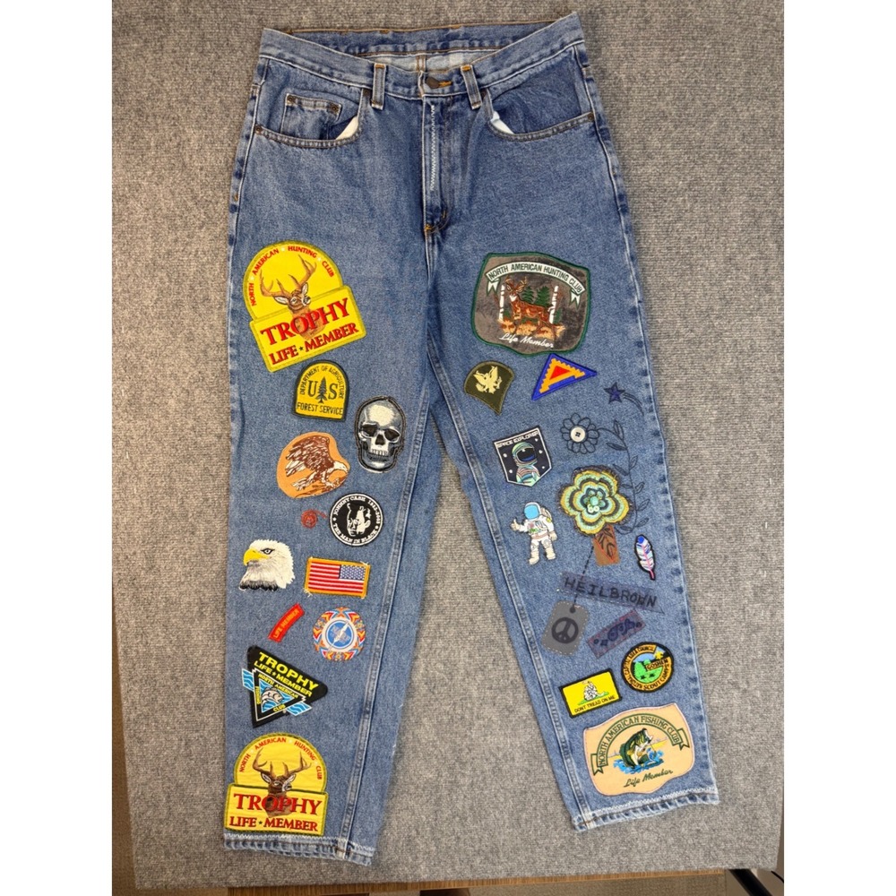 Savane Mens 32x32 Blue Denim Jeans Custom Patches‎ Hunting Fishing Workwear